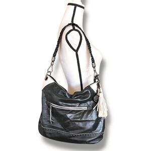 Vintage 00s The Sak Slouchy Leather Hobo shoulder Bag Purse Black Cream Tassel